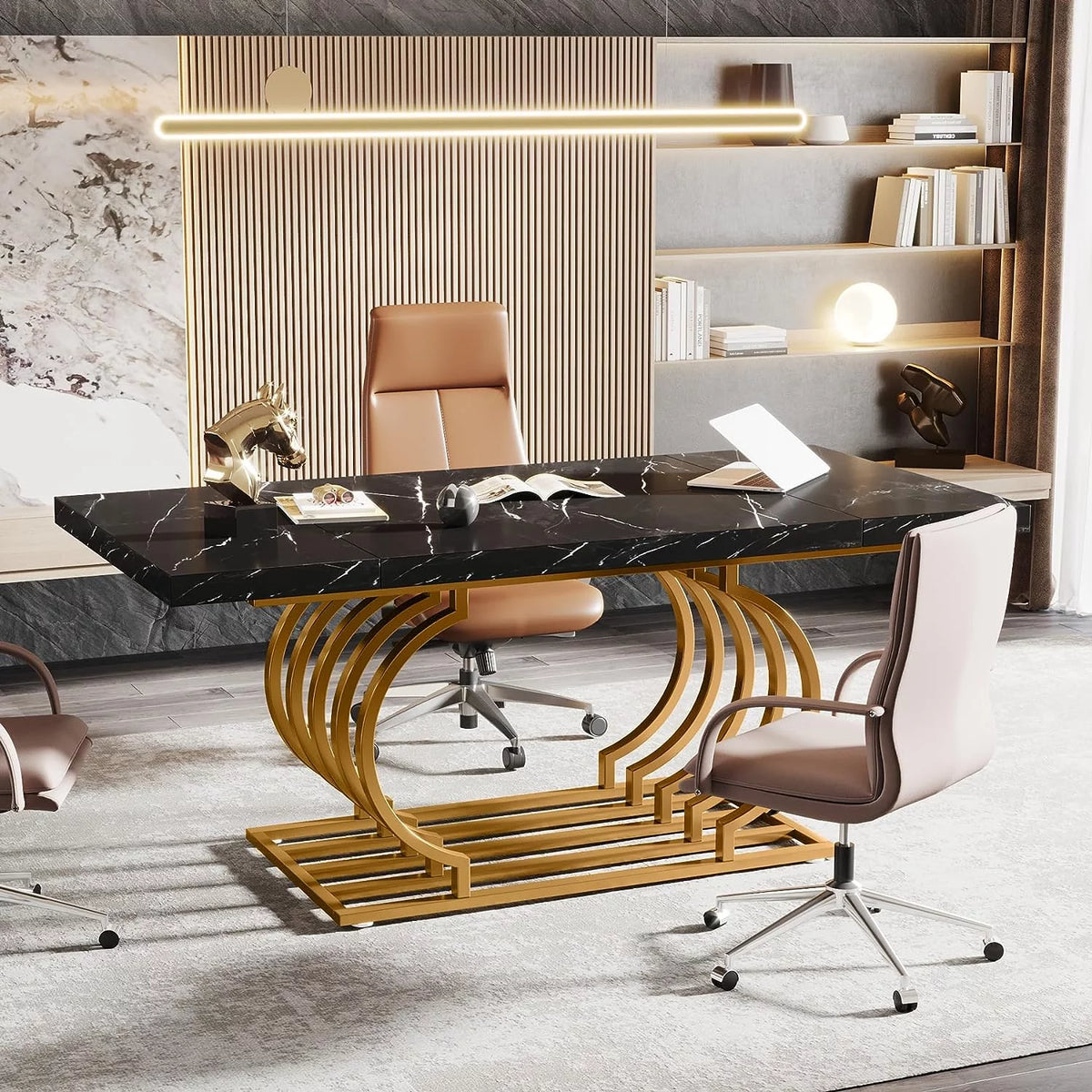 63" Computer Desk with Gold Metal Frame and Black Faux Marble Top Q327353