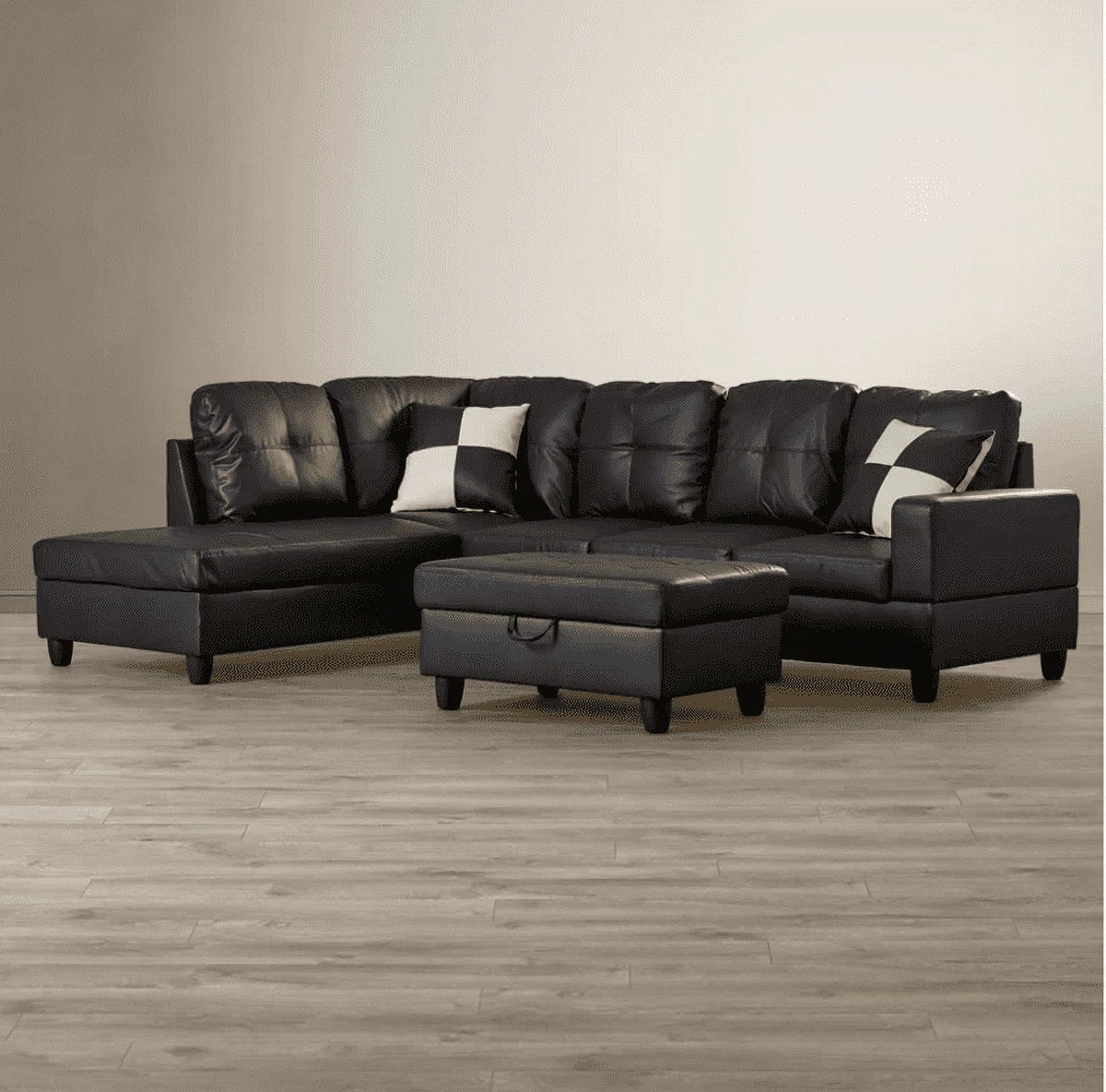 Black Left Facing Faux Leather Sectional Sofa with Ottoman G6599