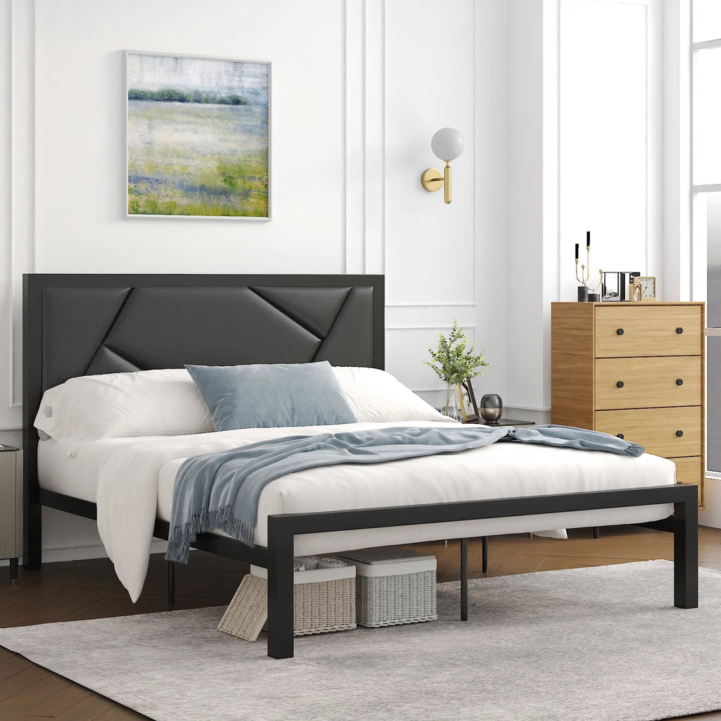 Twin Size Bed Frame with Leather Upholstered Headboard, Black S782