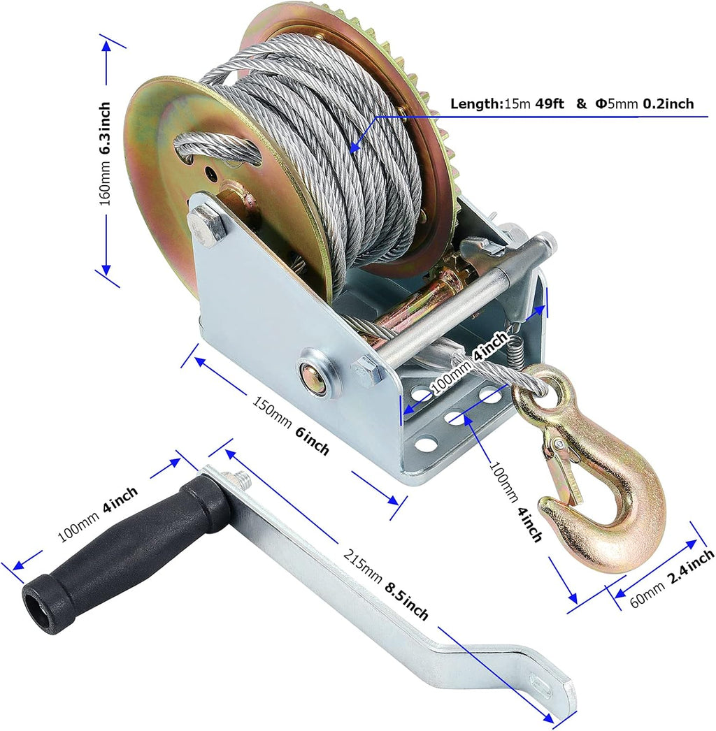 Heavy Duty Hand Winch with 49ft Steel Cable 1600lbs Capacity Pack of 2 A46599
