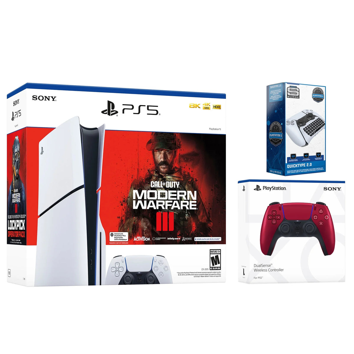 PlayStation 5 Slim Disc Bundle with Extra Volcanic Red Controller and Surge Wireless Keypad M691565