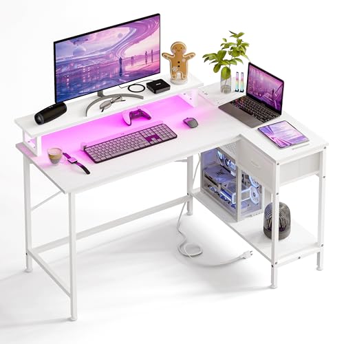 Rustic Brown L Shaped Computer Desk with Power Outlets and LED Lights and Drawer A191