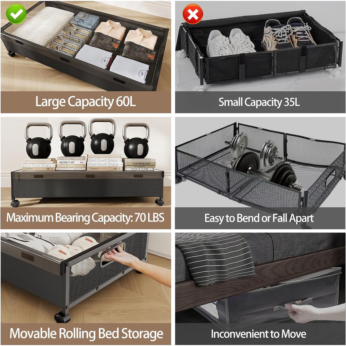 Black 2 Pack Rolling Under Bed Storage Drawer V8869