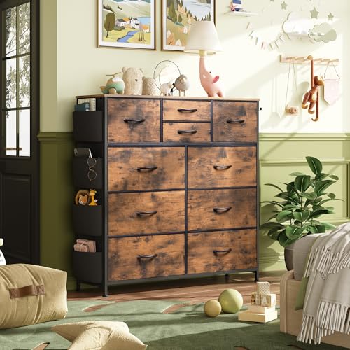 Rustic Brown 10 Drawer Fabric Dresser with Metal Frame U20416