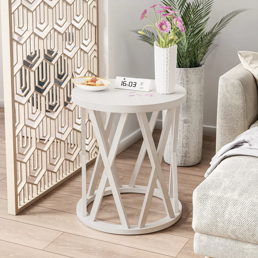 Antique White Round Wood End Table B40825