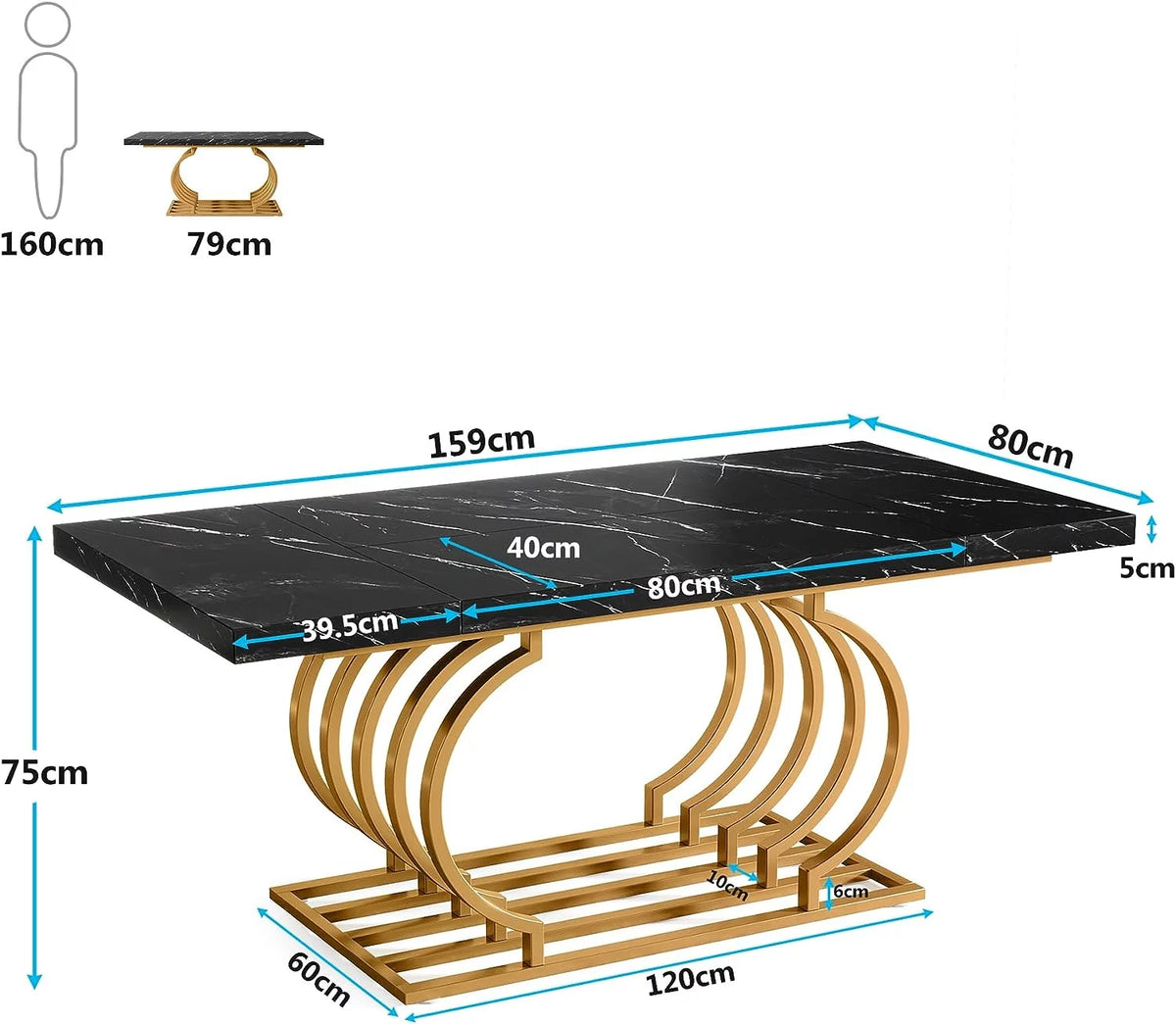 63" Computer Desk with Gold Metal Frame and Black Faux Marble Top Q327353