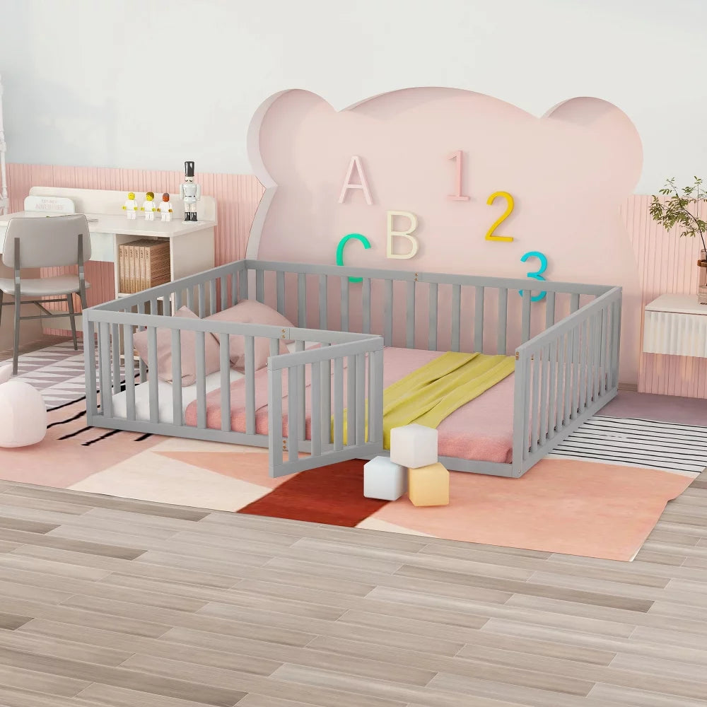 Queen Size Solid Wood Floor Bed Frame with Fence Rail and Door V405