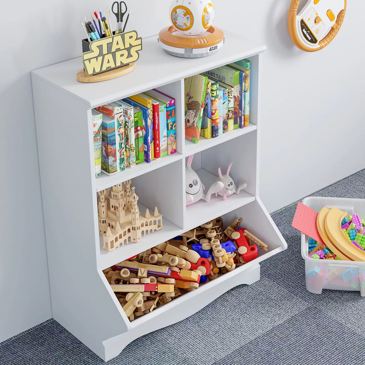 White Wood Toy Storage Cabinet with 5 Bins T89881
