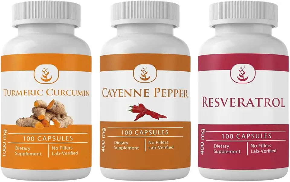 Cayenne Pepper, Turmeric Curcumin, and Resveratrol Capsules, 100 Capsules Each L5975