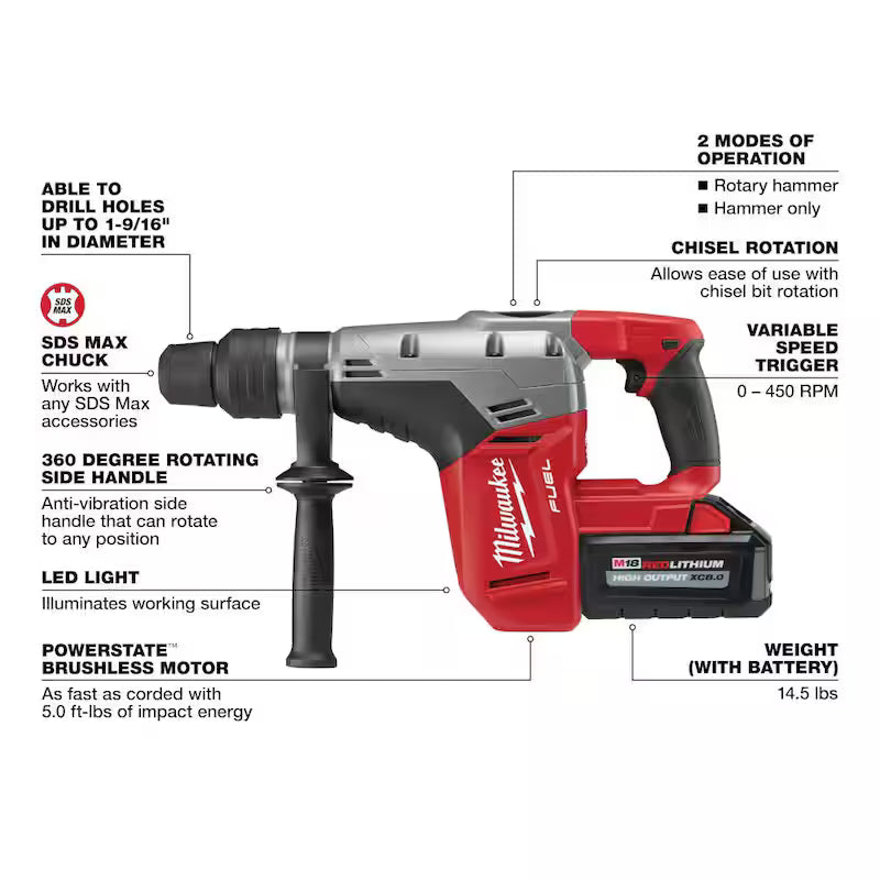 18-Volt Lithium-Ion Brushless Cordless 1-9/16 in. SDS-Max Rotary Hammer Kit with Two 8.0Ah Batteries & Grinder U367