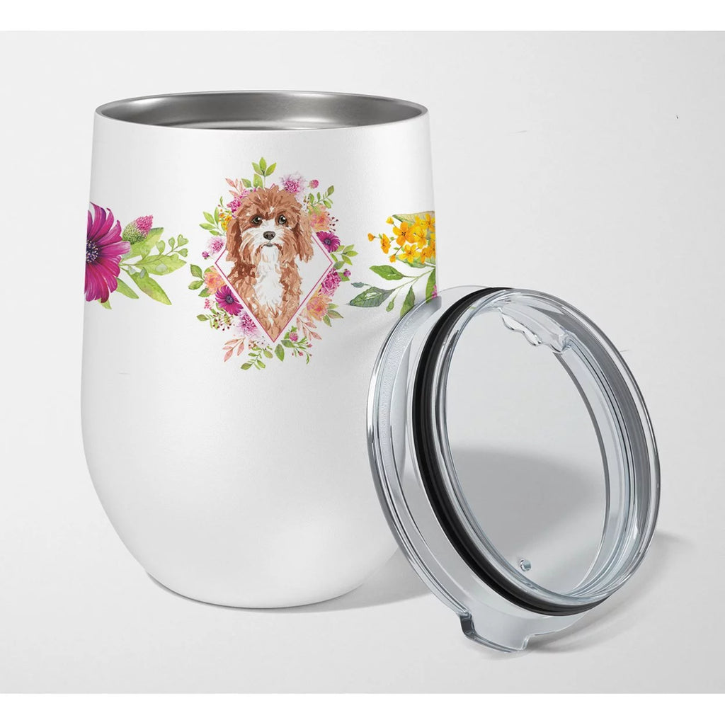 Cavapoo Pink Flowers Stainless Steel 12 oz Stemless Wine Glass P37258