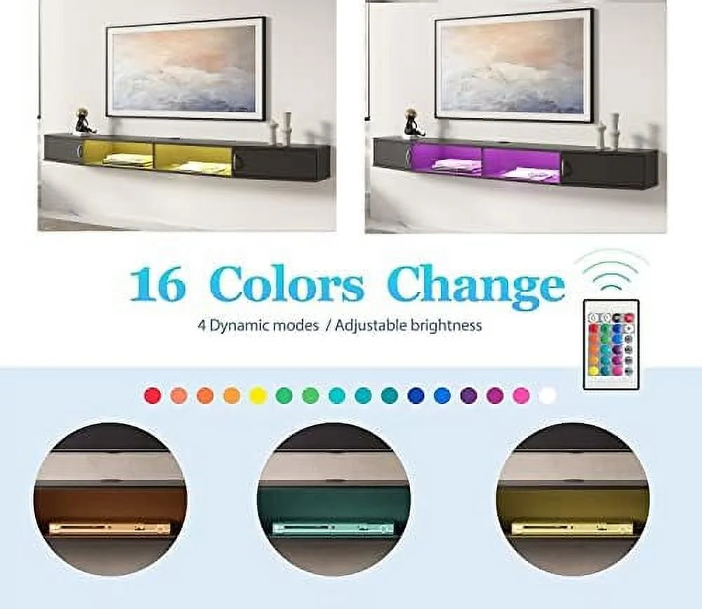 Black Wall Mounted Floating TV Stand with 16 LED Lights M3152