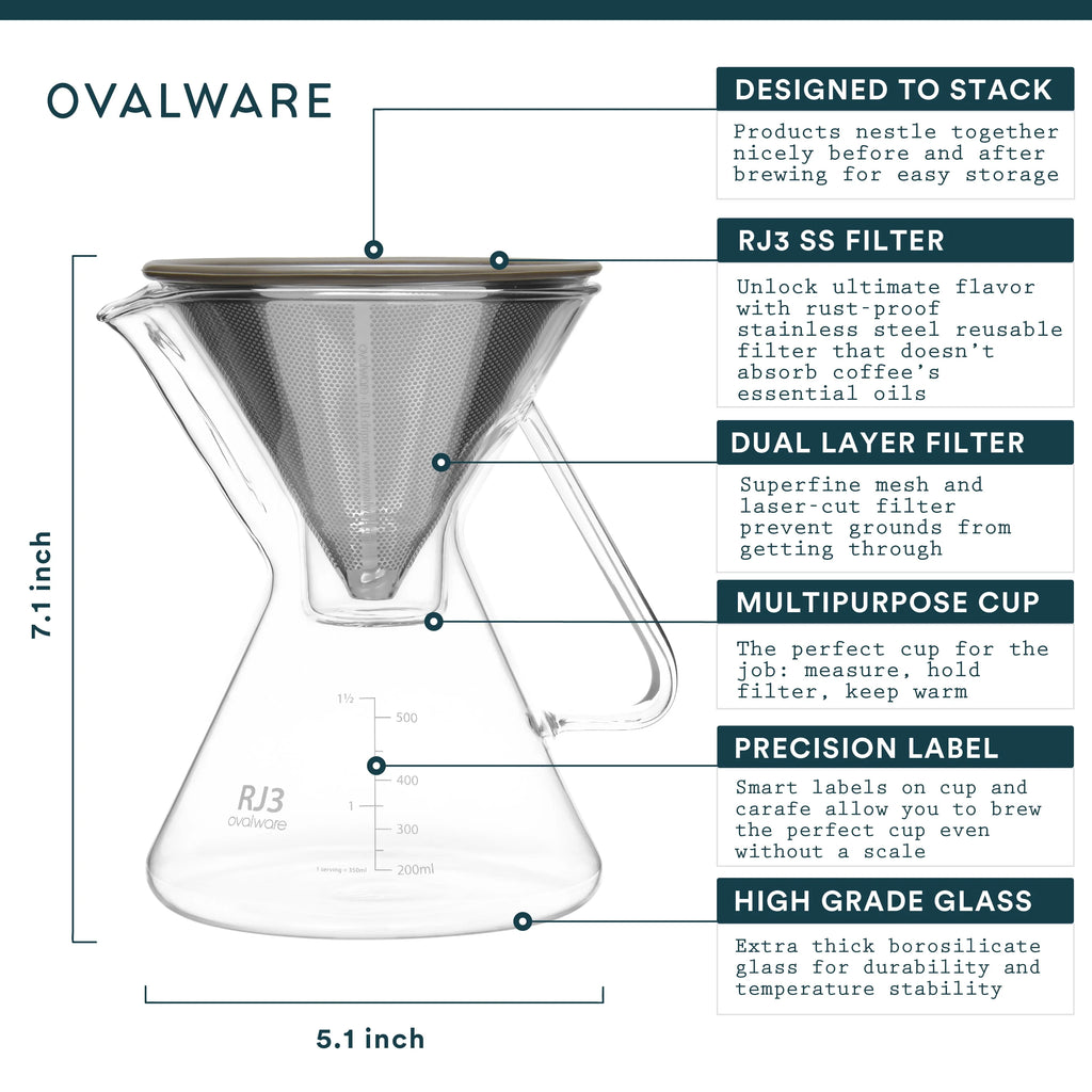 Pour-over Coffee Maker 17oz Stainless-Steel Filter Measuring Cup & Carafe U4199