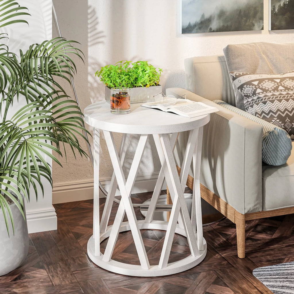 Antique White Round Wood End Table B40825