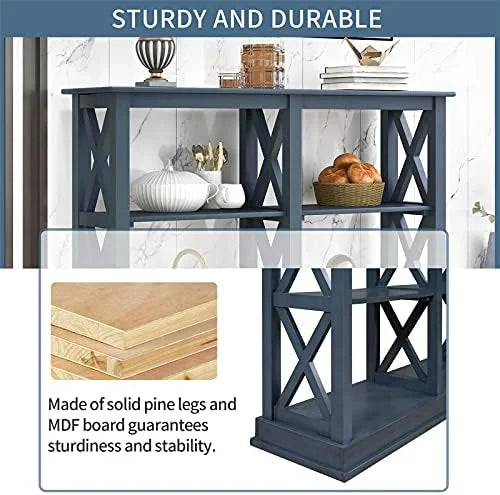 Navy Blue 3-Tier Wood Console Table with Shelves Z515140