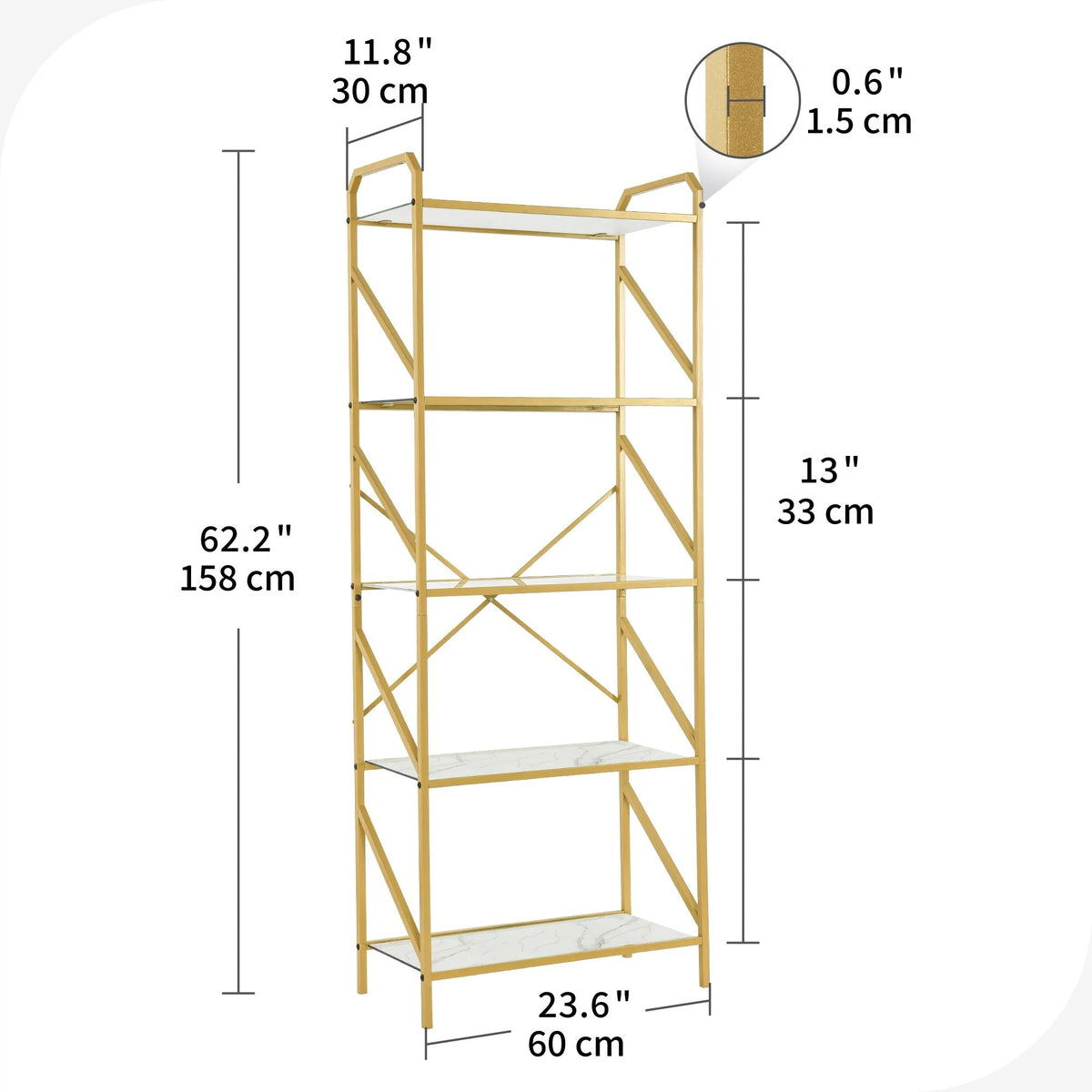 5-Tier 62-inch Gold Metal and Glass Bookshelf H944367