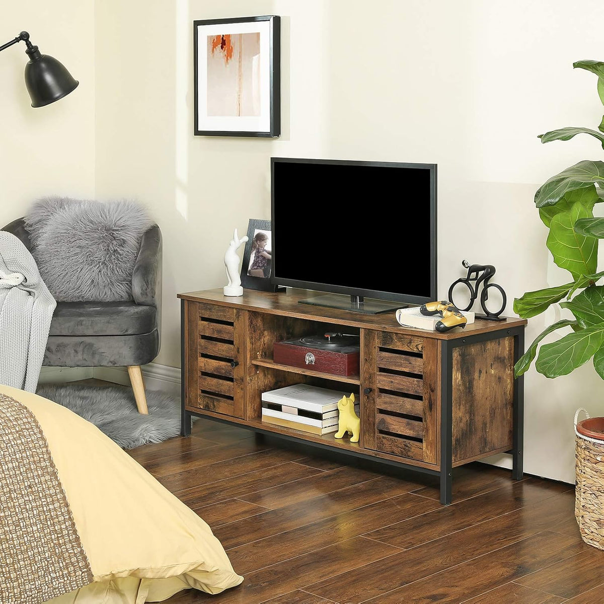 Rustic Brown TV Stand with Storage Shelves and Louvered Doors K344754