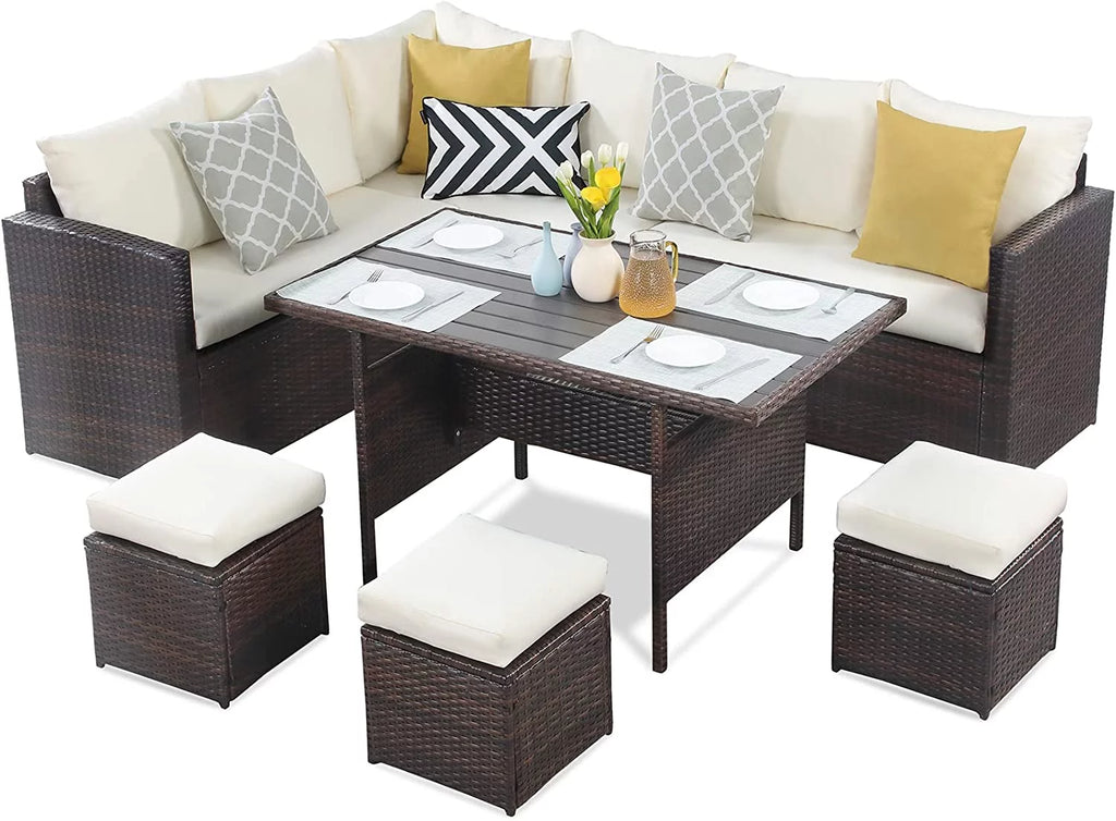 7 Piece All Weather Wicker Patio Dining Sofa Set with Ottoman L482858