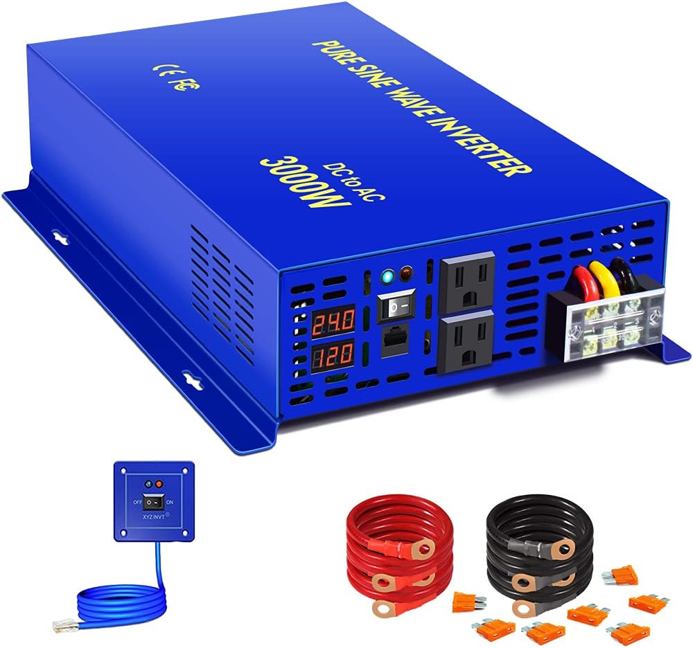 3000W Pure Sine Wave Power Inverter 24V DC to AC 120V with 15ft Cable Remote Switch Controller W402695