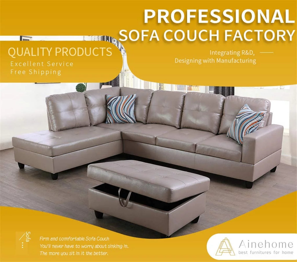 Latte Leather L-Shaped Sectional Sofa Set with Storage Ottoman Z959451