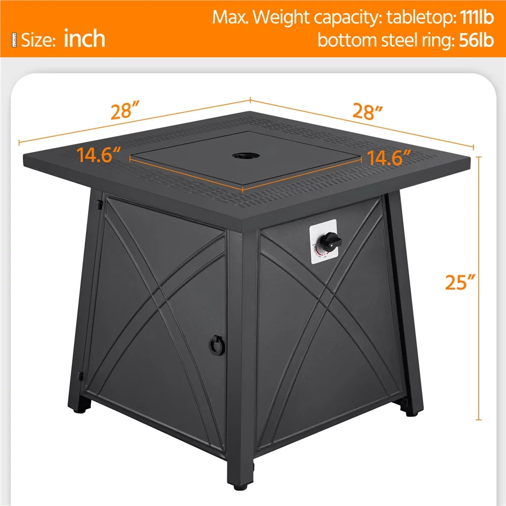 28'' Square Propane Fire Pit Table 50,000 BTU with Lid E225115
