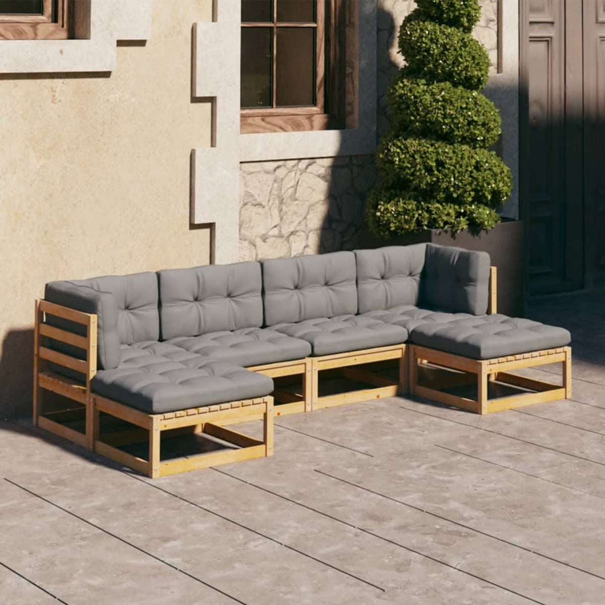 6 Piece Gray Cushioned Pinewood Outdoor Sectional Sofa Set Q585