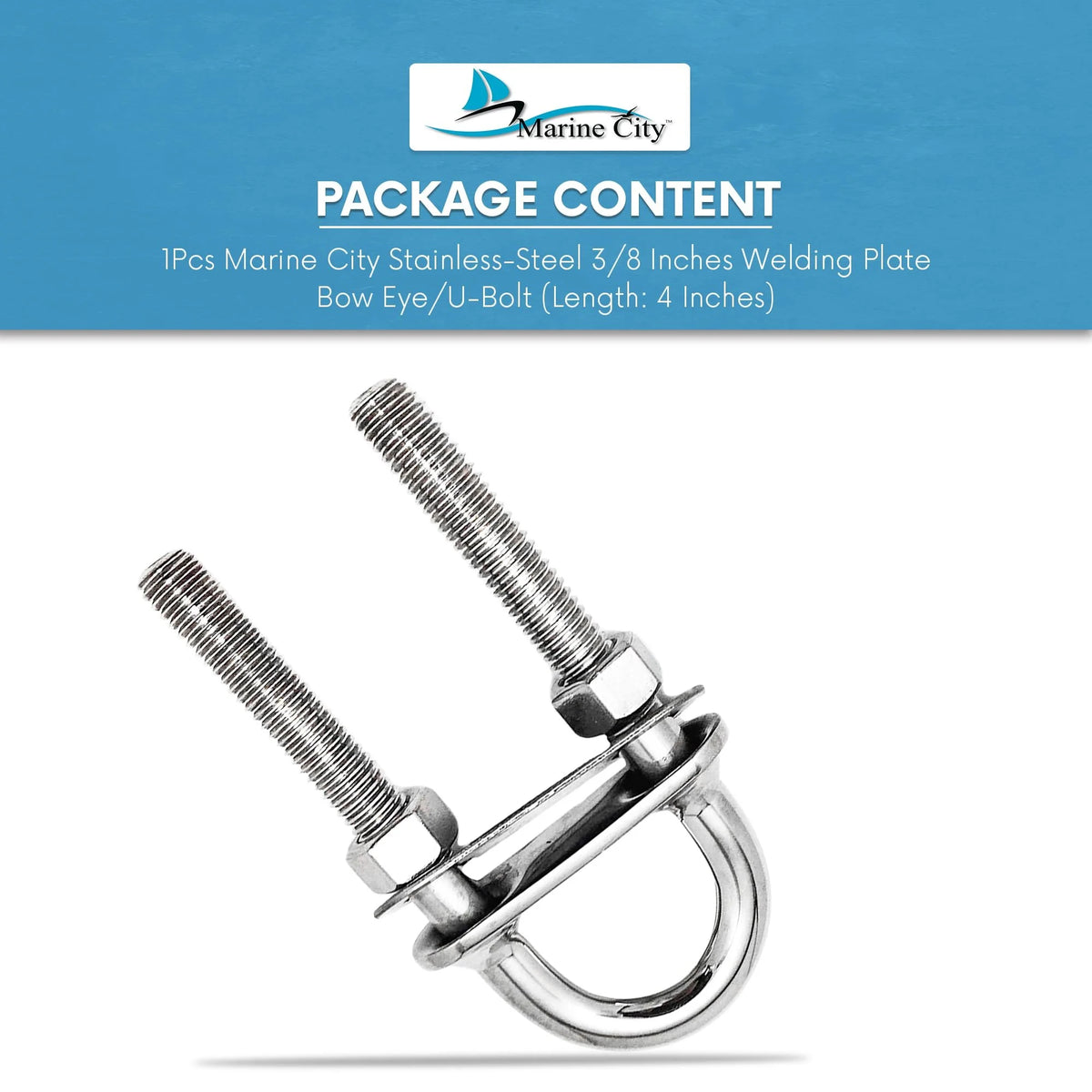 Stainless Steel 3/8" Welding Plate Bow Eye U-Bolt 4" Length B430
