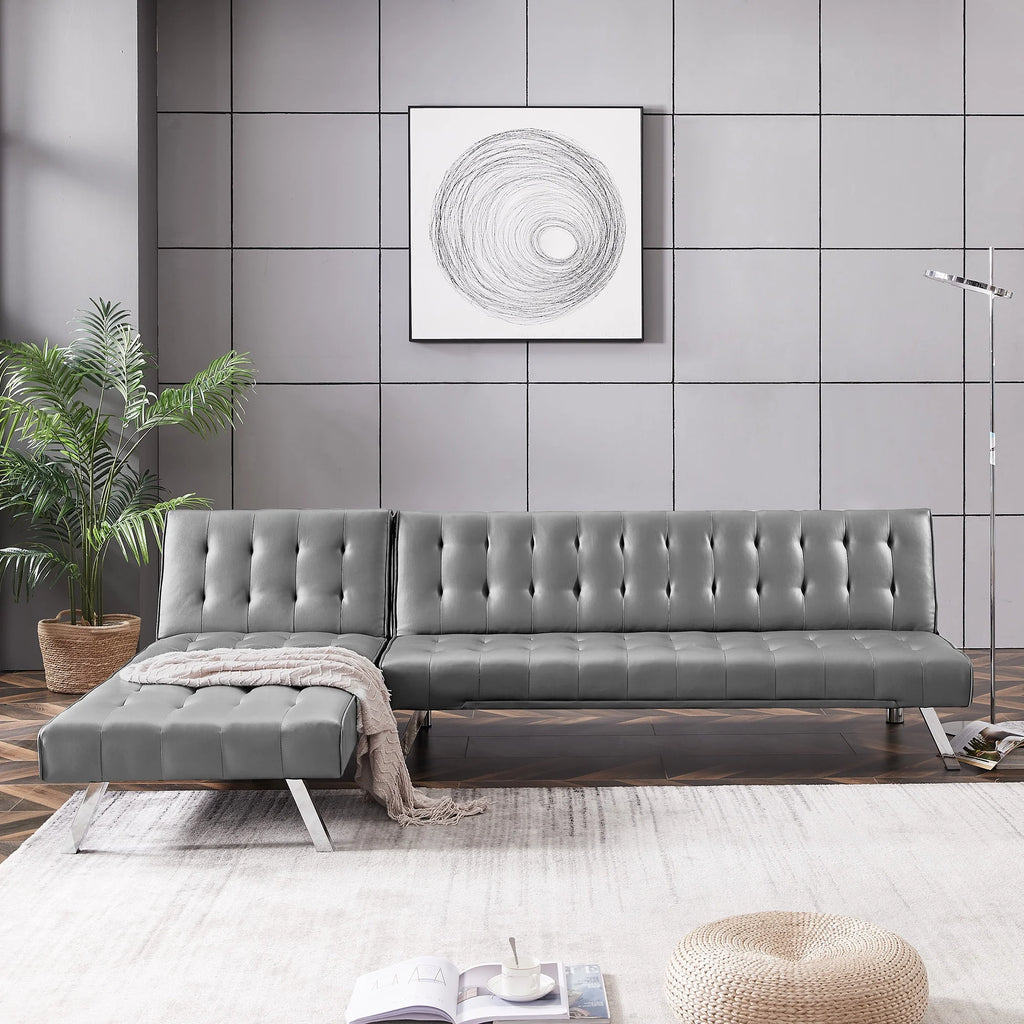 Grey Pu Reversible Sectional Sofa Sleeper with Metal Legs B6179