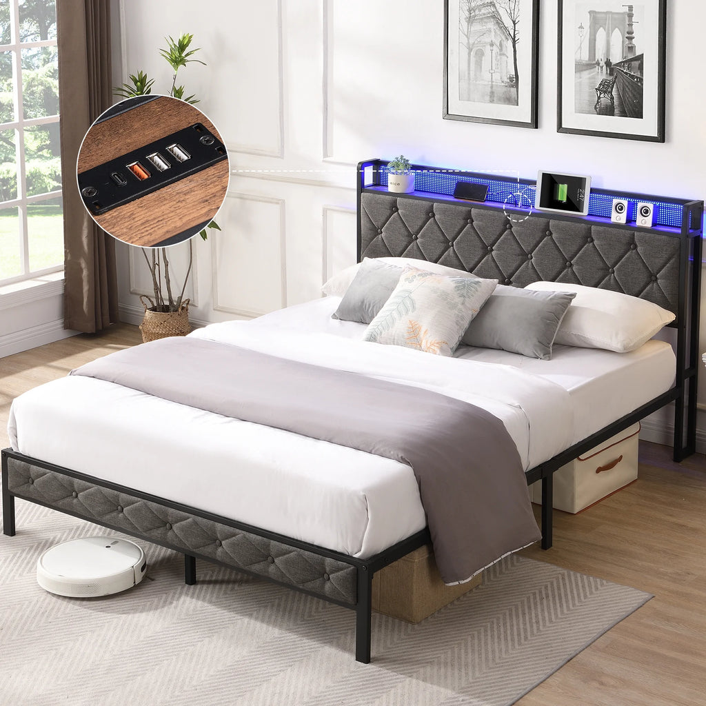Full Size Upholstered Platform Bed Frame with USB Ports X80337
