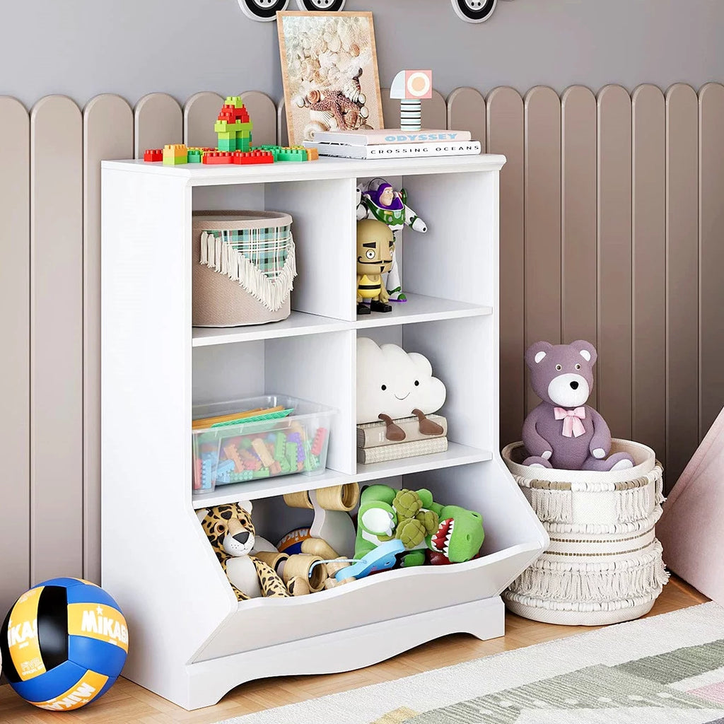 White Wood Toy Storage Cabinet with 5 Bins T89881