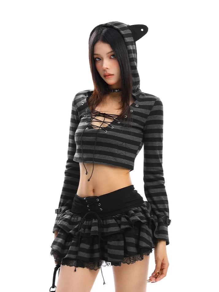 Lace-Up Cat Ear Hoodie & High-Waist Layered Skirt Set B4006