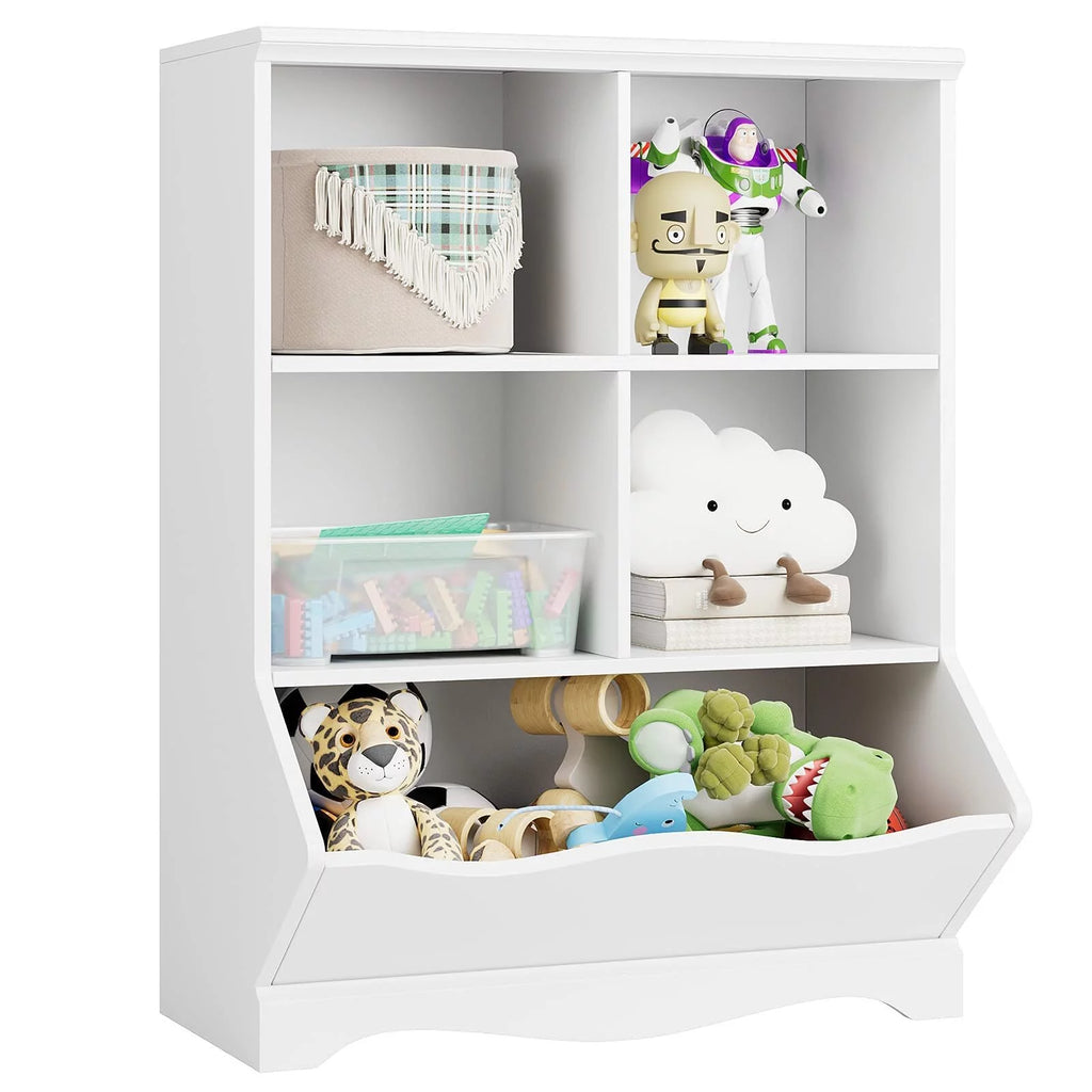 White Wood Toy Storage Cabinet with 5 Bins T89881
