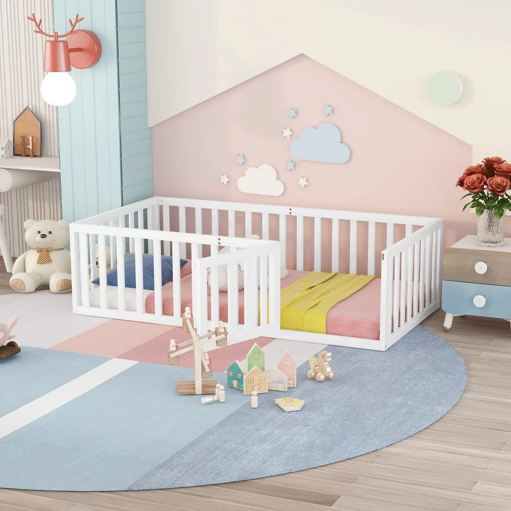 Queen Size Solid Wood Floor Bed Frame with Fence Rail and Door V405