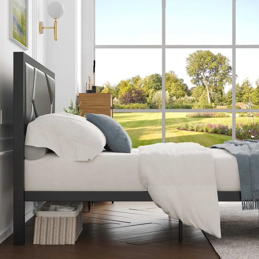 Twin Size Bed Frame with Leather Upholstered Headboard, Black S782