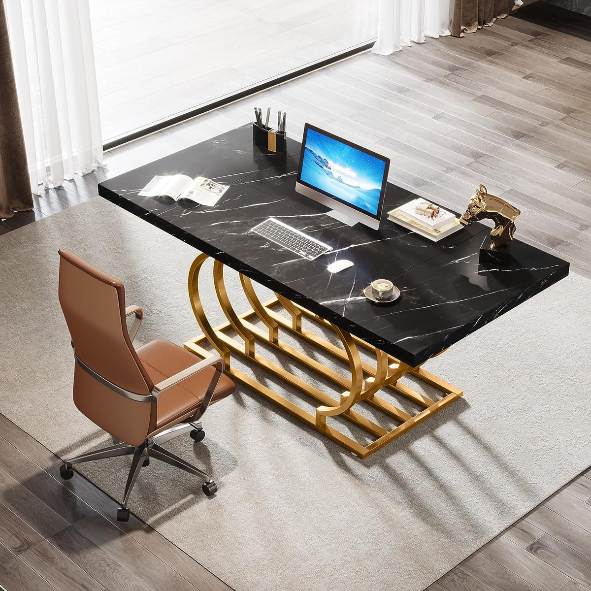 63" Computer Desk with Gold Metal Frame and Black Faux Marble Top Q327353