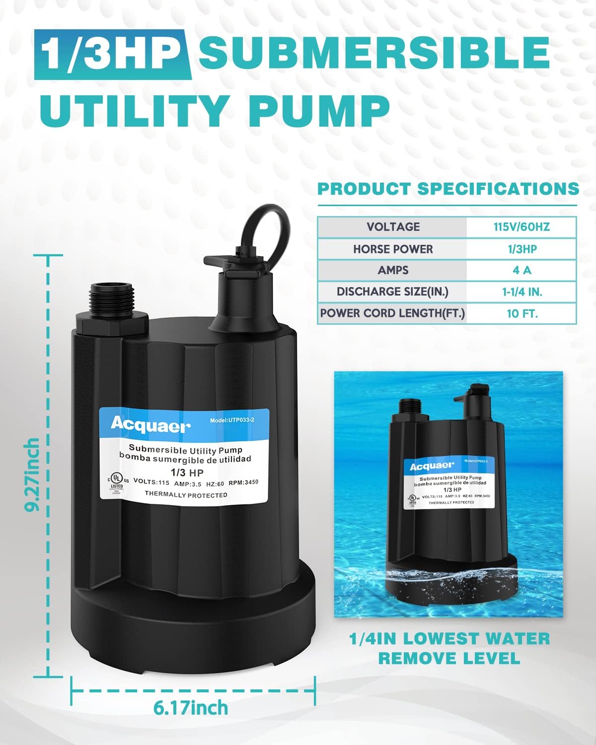 1/3 HP Submersible Thermoplastic Utility Pump with 10 ft Cord, Pack of 2 G9538