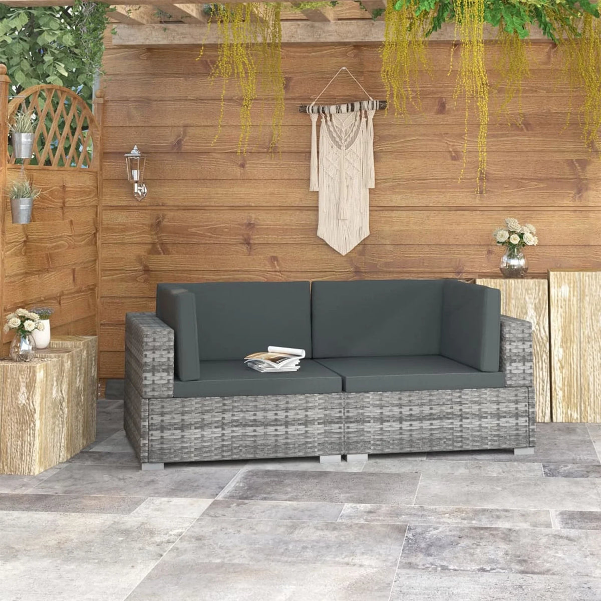 2 Piece Gray Poly Rattan Patio Sofa Set with Cushions E380307