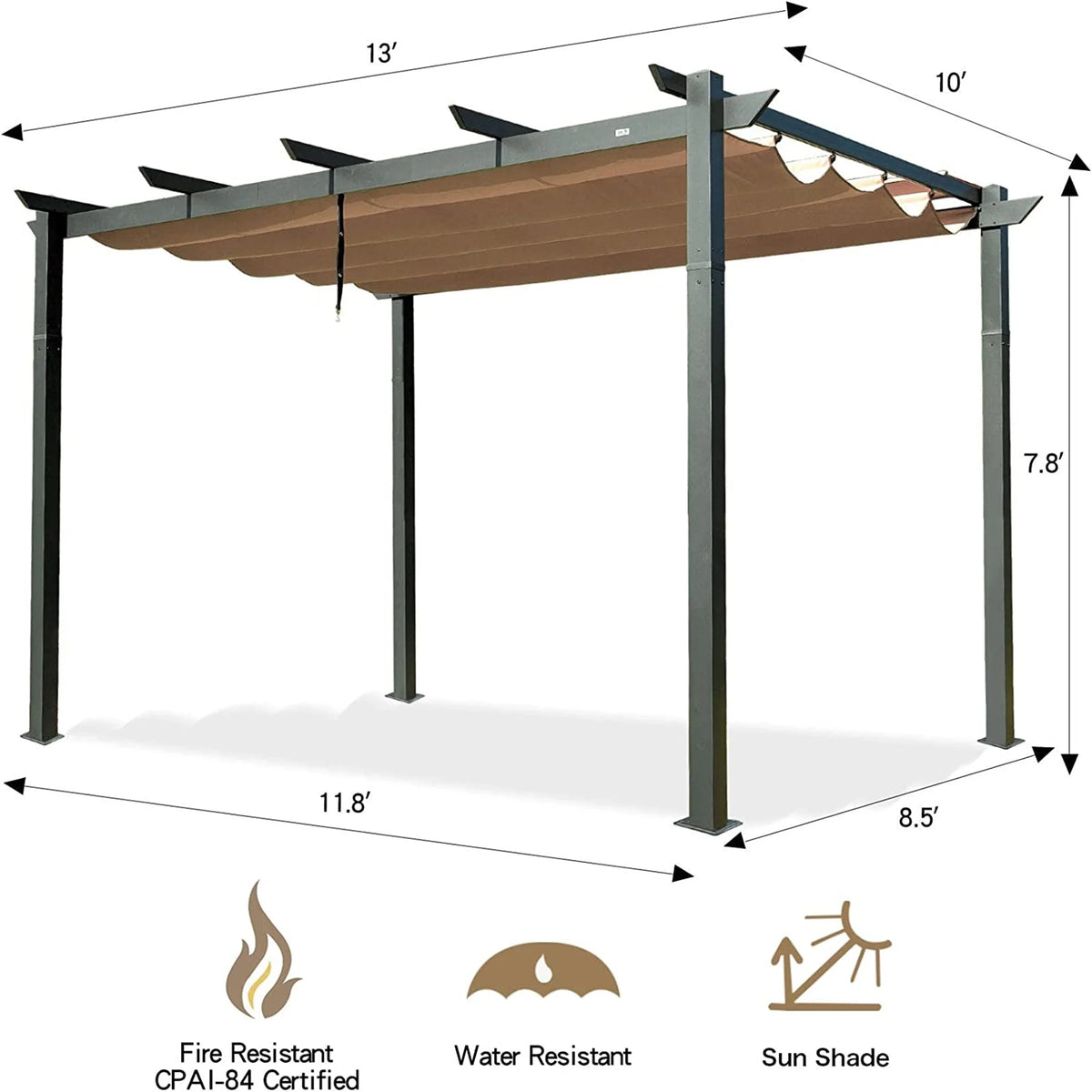 Beige Aluminum Retractable Pergola with Sun Shade Canopy F52983