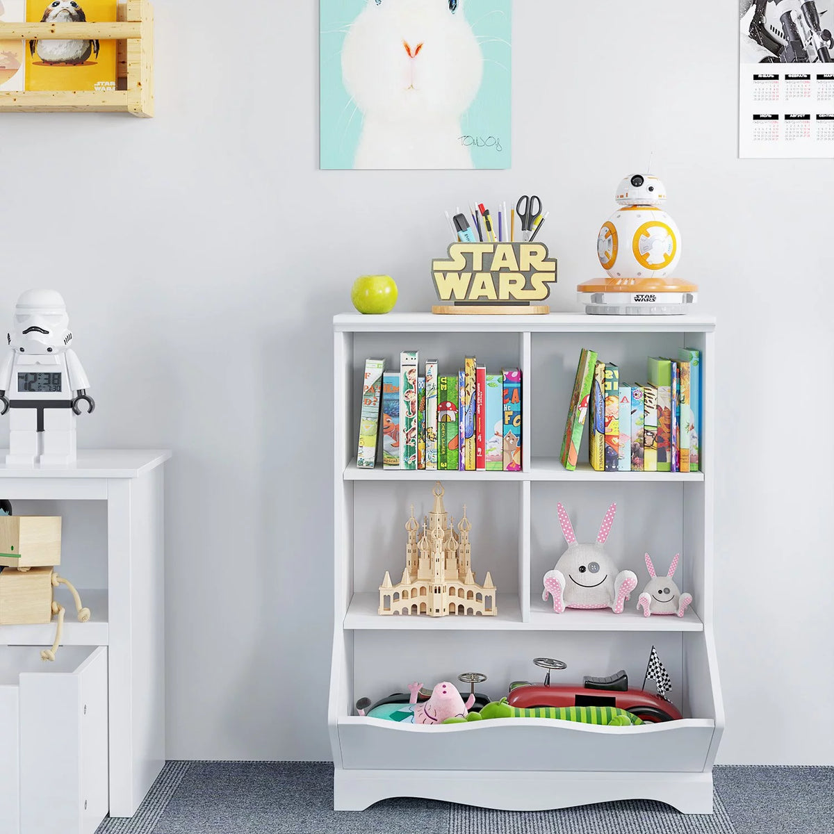 White Wood Toy Storage Cabinet with 5 Bins T89881