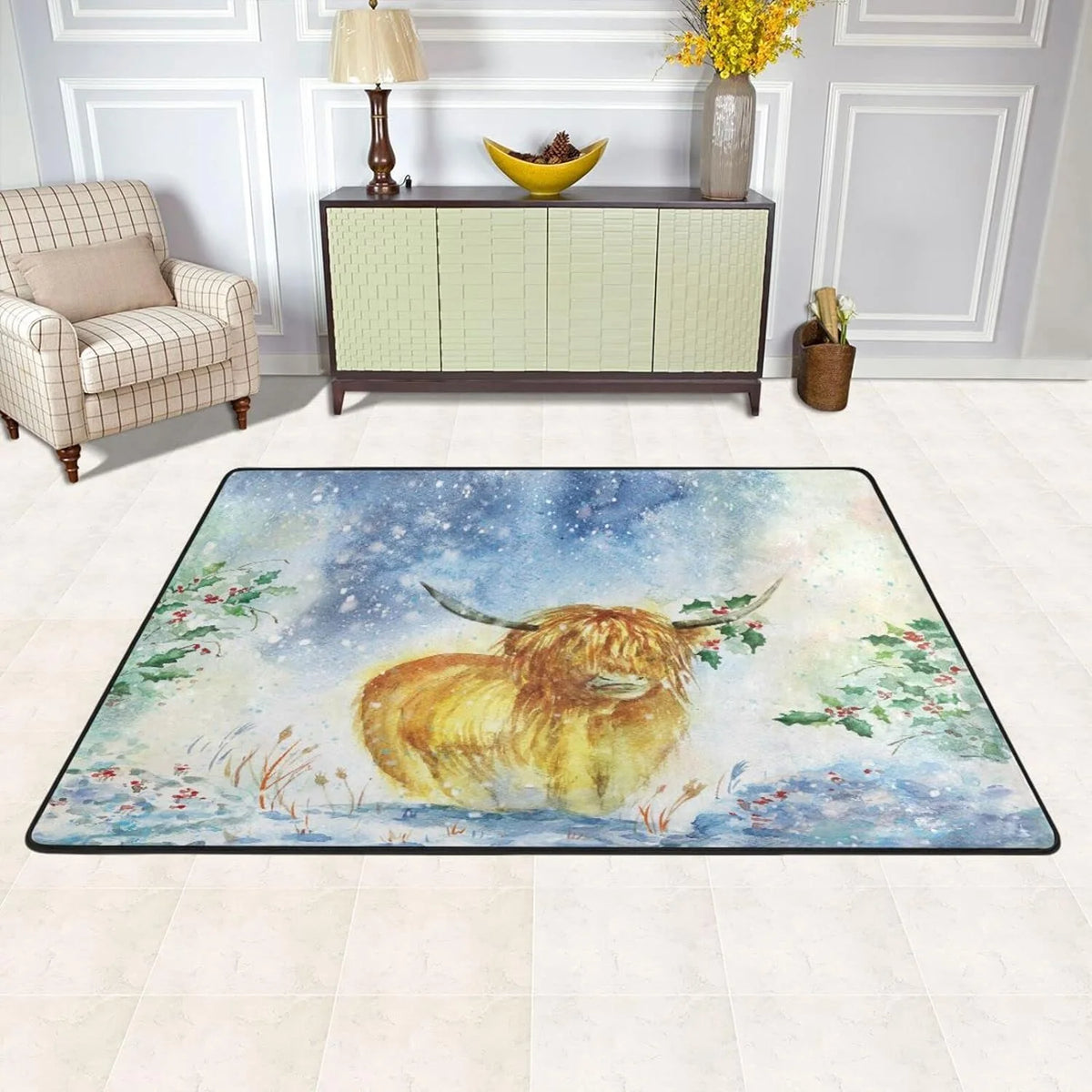 Watercolor Highland Cow Non-Slip Area Rug, 36"×24" R17026
