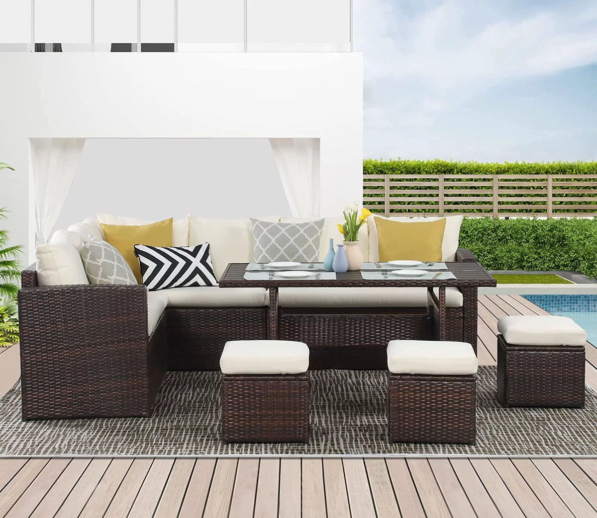 7 Piece All Weather Wicker Patio Dining Sofa Set with Ottoman L482858