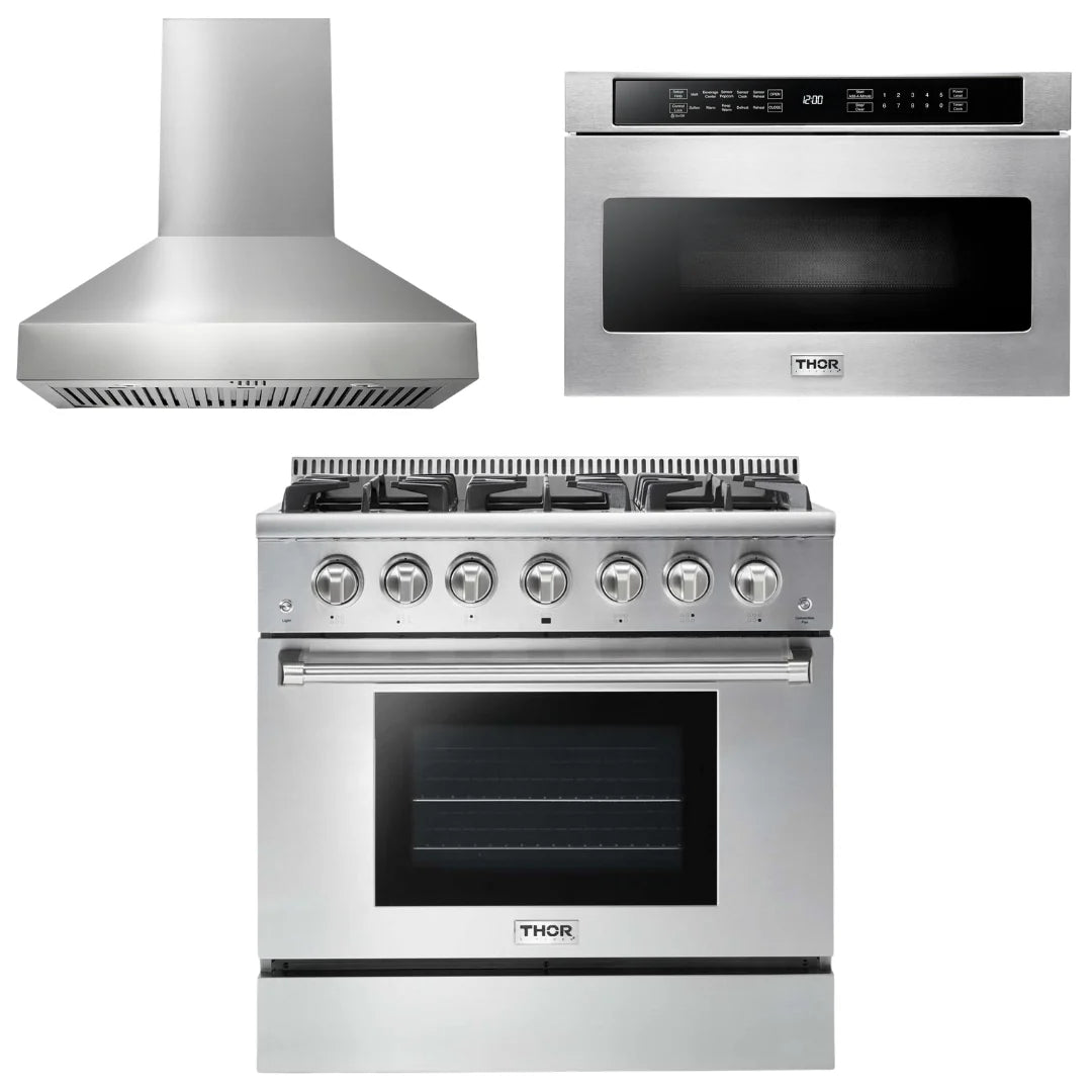 36 Propane Gas Range, Range Hood, Microwave A418157
