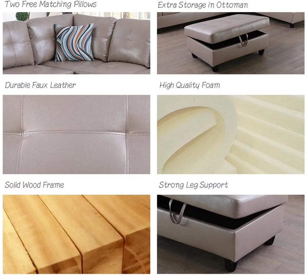 Latte Leather L-Shaped Sectional Sofa Set with Storage Ottoman Z959451