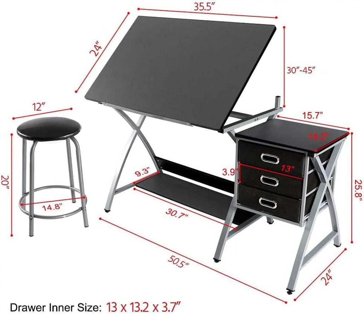 Adjustable Drafting Desk with Stool and 3 Slide Drawers B356413
